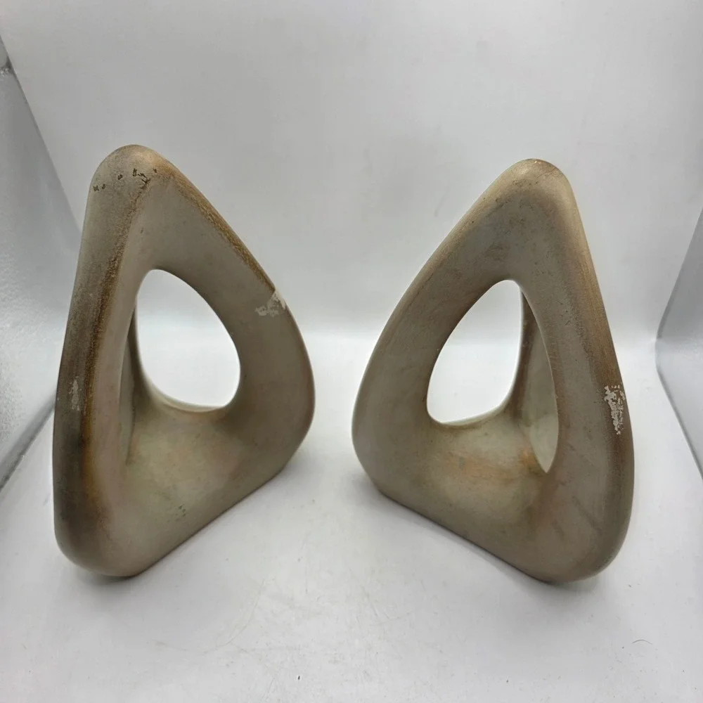 Vintage MCM Sculptural Triangle Bookends Pair Stone Composite Atomic Modernist
